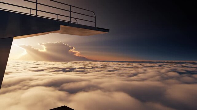 Diving board extending over a dense cloud layer at high altitude. Abstract surreal landscape showing springboard platform during golden hour with sunlight rays