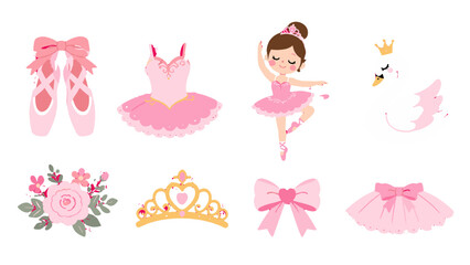 Pink ballerina clipart set with tutu shoes swan and tiara © Alan