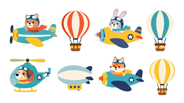 Cute animal pilots with airplanes balloons helicopter and blimp
