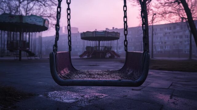 Abandoned playground with empty swings in foggy courtyard surrounded by old buildings under purple sunrise sky eerie atmosphere of silence decay and loneliness urban scene with dramatic mood outside