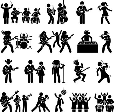 Black stick figure icons depicting live music performance including bands singers guitarists djs dancers instrumentalists and concert crowds for creative designs.
