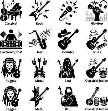 Black icons of musical genres like classical rock pop hip hop electronic jazz country blues reggae metal baul and classical indian with authentic instruments.