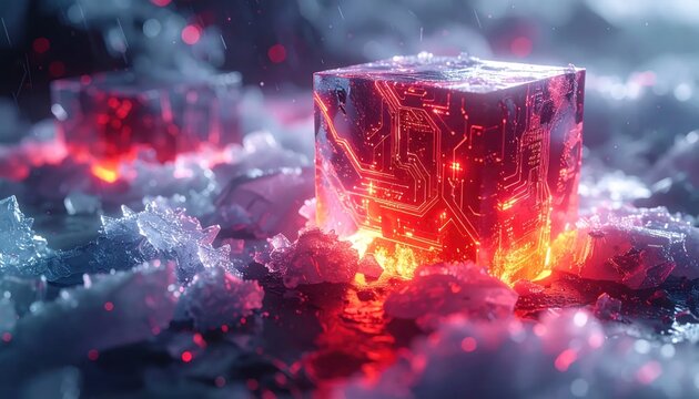 Glowing Red Crystal Cube Emerges from Frozen Landscape.