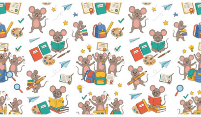 Fototapeta premium Playful Mouse School Theme Seamless Pattern with Educational Objects Vector Illustration