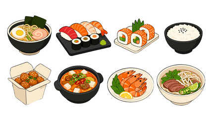 Set of Asian food dishes and sushi in cartoon vector style © Alan