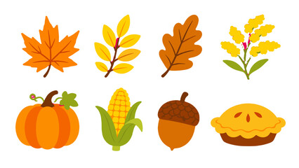Autumn harvest icons with leaves pumpkin corn acorn and pie © Alan