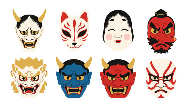 Set of traditional Japanese style theatrical and demon masks