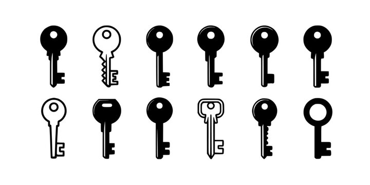 Keys Icon Set Vector Silhouette on White Background, Simple Outline Key Shapes for Locksmith, Security and Design Projects
