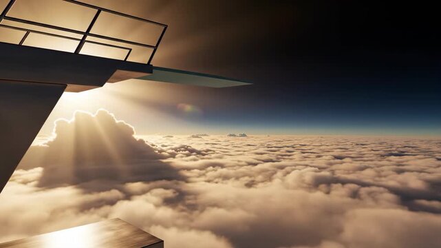 Diving board structure extending over a vast cloud layer at high altitude. Sun rays illuminate the sky above the horizon. Conceptual metaphor for business risk