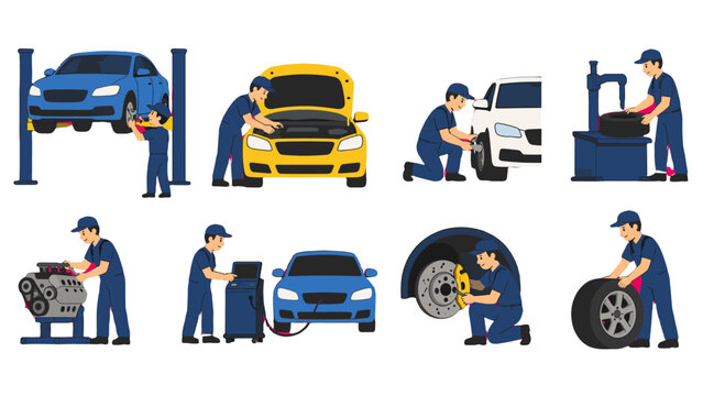 Set of auto repair and maintenance service illustrations