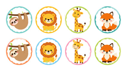 Fototapeta premium Cute cartoon animal badge set with sloth lion giraffe and fox