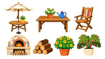 Obraz premium Garden furniture and plants with patio objects set