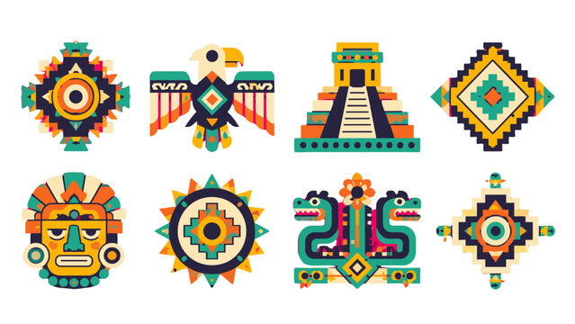 Colorful geometric tribal icon set with bird temple and masks