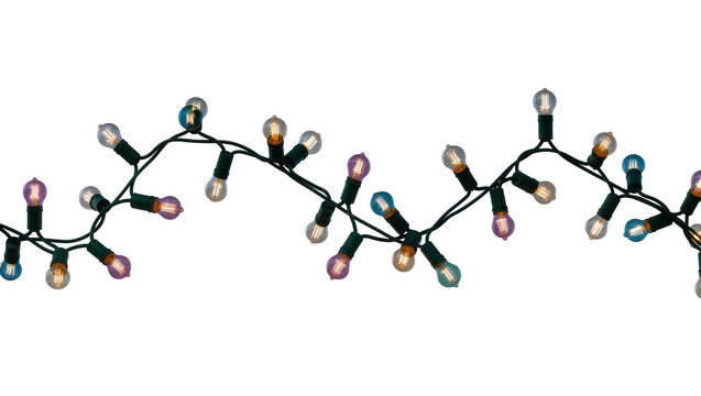 Isolated string of glowing retro filament light bulbs with colorful glass on a cable
