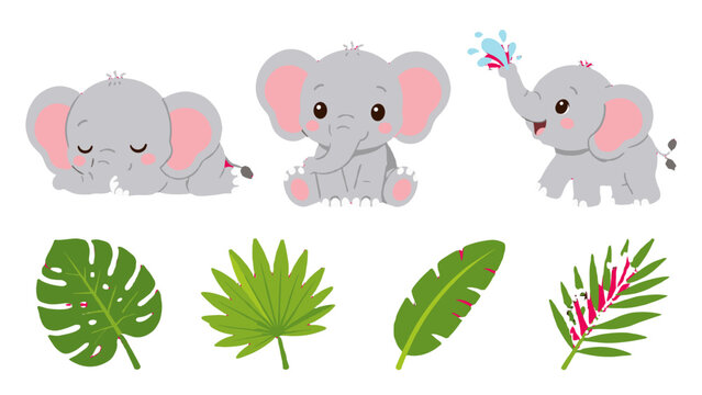 Cute baby elephant cartoon set with tropical leaves