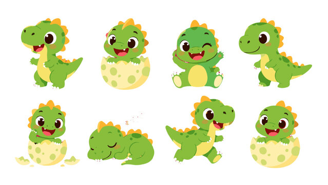 Set of cute green baby dinosaur cartoon characters
