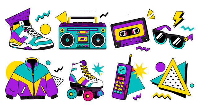 Retro 1980s pop art set with boombox cassette sneaker and jacket