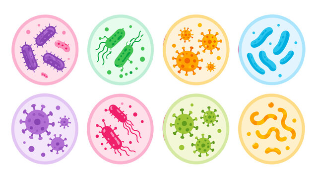 Set of colorful microorganism and virus icons in petri dishes
