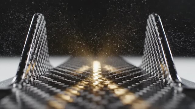 Carbon fiber aerodynamics component with dust particles floating in air. Macro view of weave pattern on automotive wing part. Composite material manufacturing detail