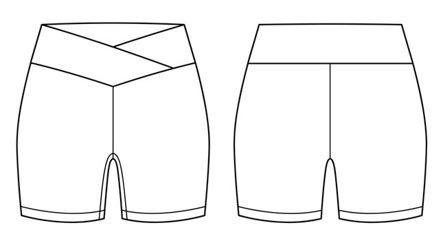 women crossover waistband yoga shorts flat sketch technical cad drawing vector template