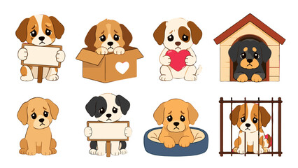 Fototapeta premium Cute sad puppy set with sign, heart, box, bed and kennel