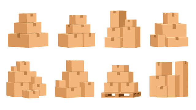 Set of stacked cardboard shipping boxes in different arrangements