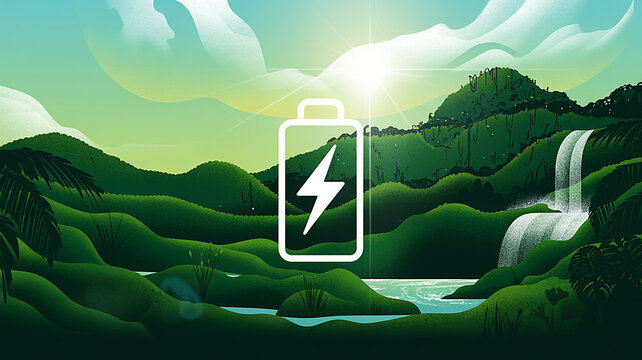 Sustainable Green Energy Concept Featuring a Battery Icon Over a Lush Natural Landscape with a Flowing Waterfall Under Bright Sunlight