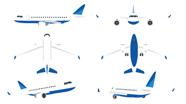 Passenger airplane vector set with multiple viewing angles