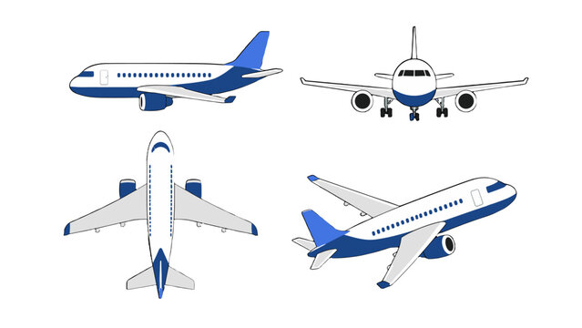 Passenger airplane set in side front top and perspective views