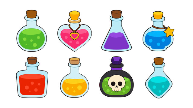 Cartoon magic potion bottles set with colorful glass flasks