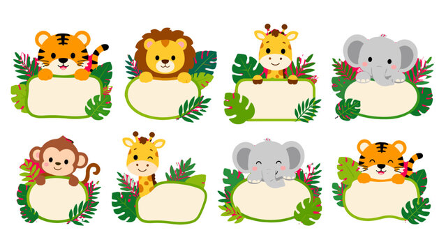 Cute jungle animal frames set with tropical leaves
