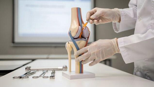 Ultra-realistic orthopedist pointing to cruciate ligament in knee model, clean white background, premium clinical realism.