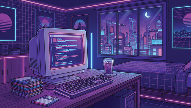 Retro computer monitor with abstract colorful gradient and geometric shapes on screen Retro Tech & Vaporwave Nostalgia.