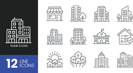 Fototapeta premium Set of 12 real estate and building line icons including residential houses, office buildings and shops