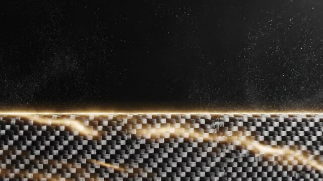 Carbon fiber material being illuminated by golden light rays. Textured surface with moving glow effects. Industrial background for high technology design concept