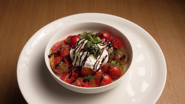 Appetizing Italian burrata cheese salad with cherry tomatoes, pesto, and balsamic vinegar, fa01