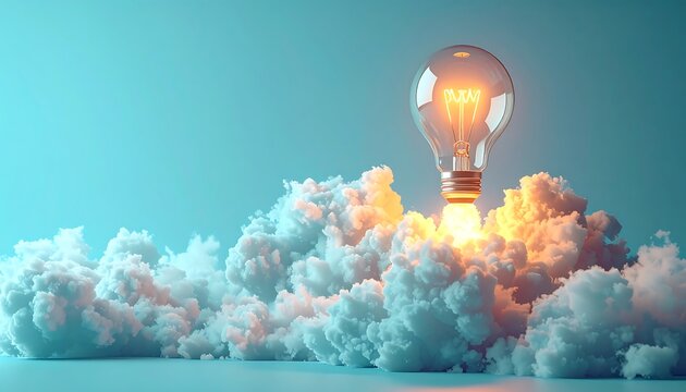 Light Bulb Rocket Launching from Clouds for Startup Innovation