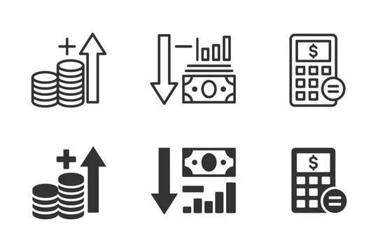 Financial growth and decline icons featuring coins, dollar bills, and calculators.