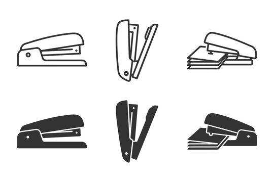 Set of six stapler icons in different positions and angles.