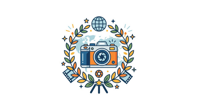 Colorful vintage camera with globe and laurel wreath vector illustration