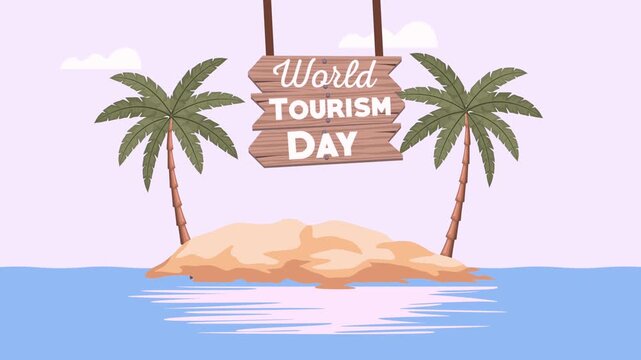 Tropical Island with Palm Trees and World Tourism Sign