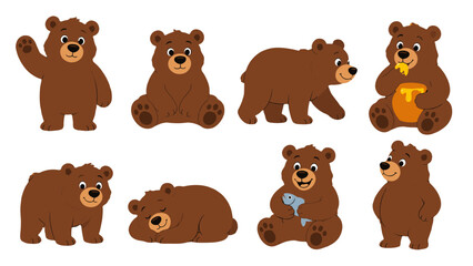 Fototapeta premium Set of cute cartoon brown bears in different poses