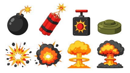 Cartoon bomb and explosion icons set on white background © Alan
