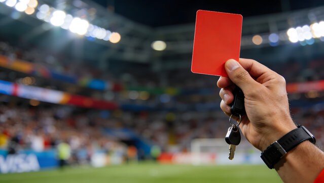 Football Referee Holding Red Card and Whistle During Championship Match