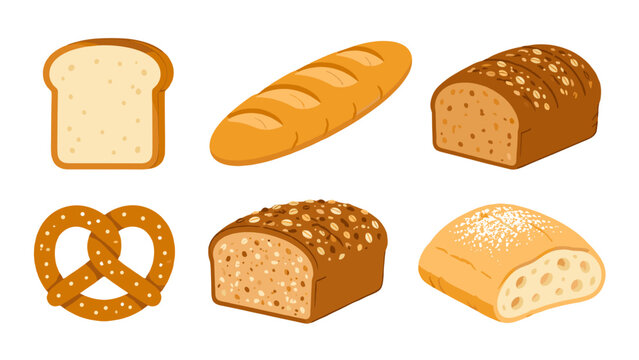 Collection of bread and bakery items in simple vector style