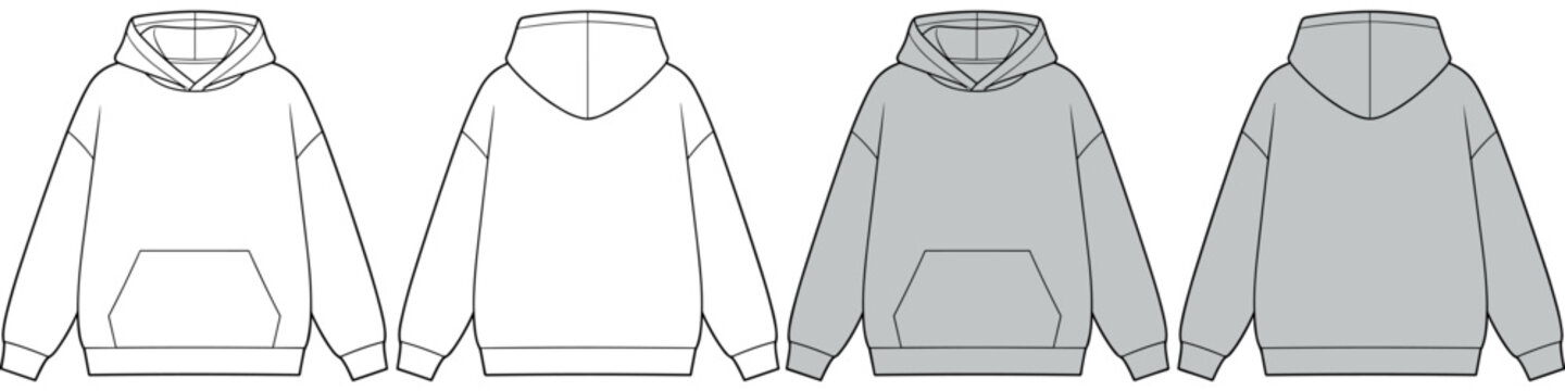 Oversized cotton-fleece hoodie technical fashion illustration with kangaroo pocket, relaxed fit. Flat jumper apparel template front, back, white, grey color. Women, men, unisex sweatshirt top CAD