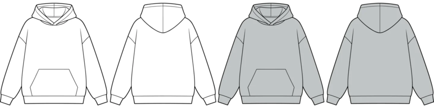 Oversized cotton-fleece hoodie technical fashion illustration with kangaroo pocket, relaxed fit. Flat jumper apparel template front, back, white, grey color. Women, men, unisex sweatshirt top CAD