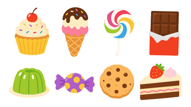 Colorful dessert and candy icons set on white background