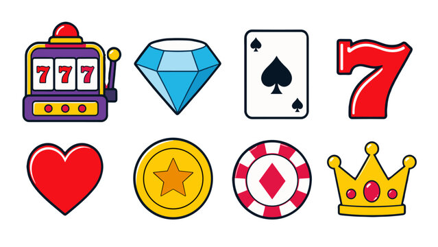 Casino game symbols set with slot machine cards and crown
