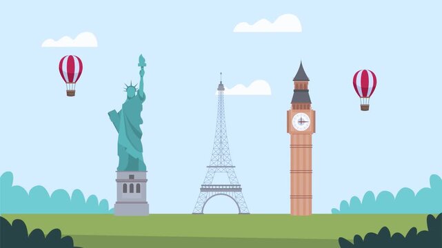Famous Landmarks: Statue of Liberty, Eiffel Tower, and Big Ben in a Row
